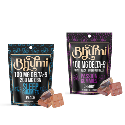 Bhumi Delta-9 THC gummies (100mg Delta-9) and Sleep Peach (100mg Delta-9, 200mg CBN) for a balanced cannabis-infused experience.