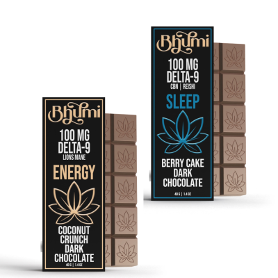 Bhūmi Delta-9 chocolate bars trio — Dark Chocolate, Sleep Milk Chocolate with Reishi, and Energy Dark Chocolate with Reishi