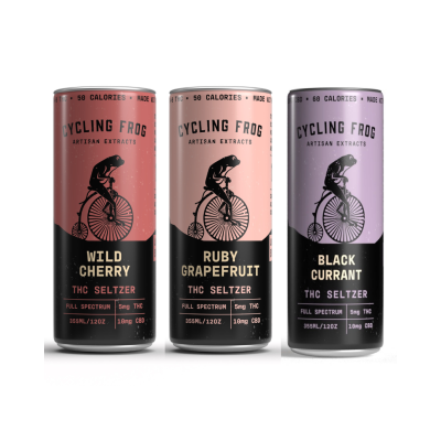 Cycling Frog THC Seltzer Variety Pack featuring Wild Cherry, Ruby Grapefruit, and Black Currant flavors, each infused with 5mg THC and 10mg CBD per 12oz can.
