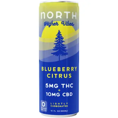 North Higher Vibes THC & CBD Sparkling Water โ Four flavors: Raspberry Lemon, Blueberry Citrus, Blackberry Mango, and Pineapple Orange. Each can contains 5mg THC and 10mg CBD, lightly carbonated, zero calories.