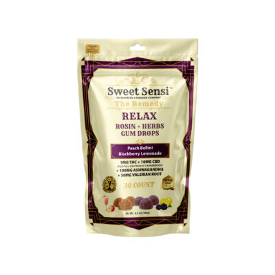 Sweet Sensi Relax Remedy Rosin + Herbs Gum Drops - 30-count. Infused with 1mg THC, 10mg CBD, 100mg Ashwagandha, and 50mg Valerian Root. Peach Bellini and Blackberry Lemonade flavors for relaxation and stress relief.