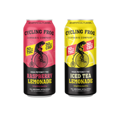 Cycling Frog high-potency THC beverages in Raspberry Lemonade and Iced Tea Lemonade flavors, each infused with 50mg THC and 50mg CBD for a full-spectrum cannabis experience.