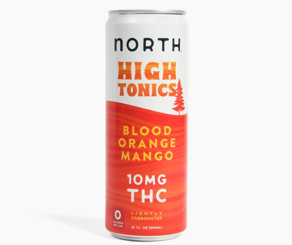 North High Tonics THC-infused seltzer in Blood Orange Mango flavor. A lightly carbonated cannabis beverage with 10mg THC and zero calories.