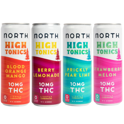 North High Tonics THC-infused seltzer sampler pack featuring Blood Orange Mango, Berry Lemonade, Prickly Pear Lime, and Strawberry Melon flavors. Each lightly carbonated can contains 10mg THC.