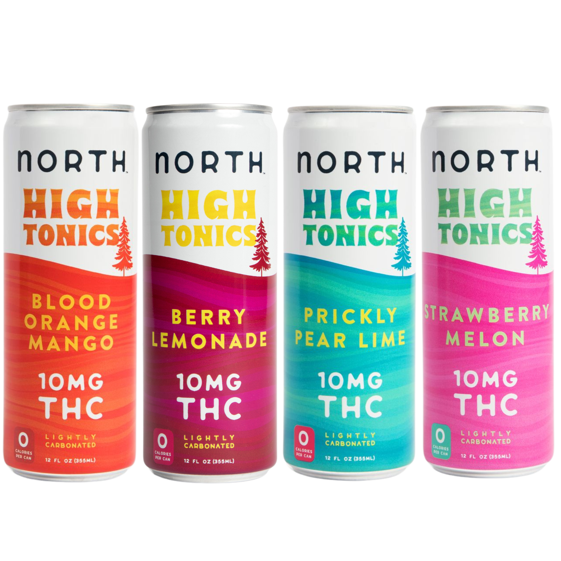 North High Tonics THC-infused seltzer sampler pack featuring Blood Orange Mango, Berry Lemonade, Prickly Pear Lime, and Strawberry Melon flavors. Each lightly carbonated can contains 10mg THC.