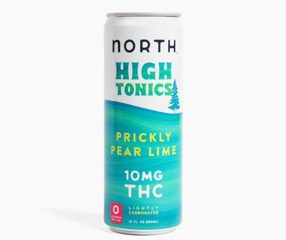 North High Tonics Prickly Pear Lime THC-infused seltzer, a lightly carbonated cannabis beverage with 10mg Delta-9 THC and zero calories.