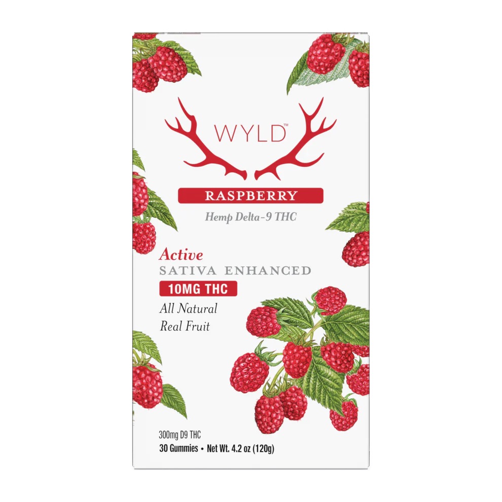 WYLD Active Raspberry Delta-9 THC Gummies in a hexagonal box, featuring real raspberry illustrations and labeled as Sativa-enhanced with 10mg THC per gummy.