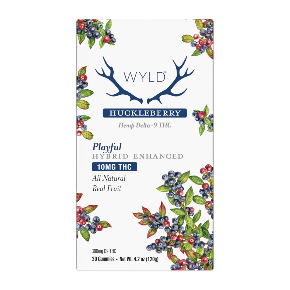 WYLD Playful Huckleberry Delta-9 THC Gummies in a hexagonal box, featuring natural huckleberry illustrations, labeled as Hybrid-enhanced with 10mg THC per gummy.