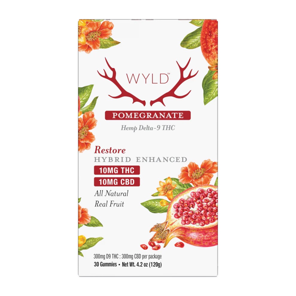 WYLD Restore Pomegranate Delta-9 THC & CBD Gummies in a 30-count box, featuring natural pomegranate and floral illustrations, labeled as Hybrid-enhanced with 10mg THC and 10mg CBD per gummy.