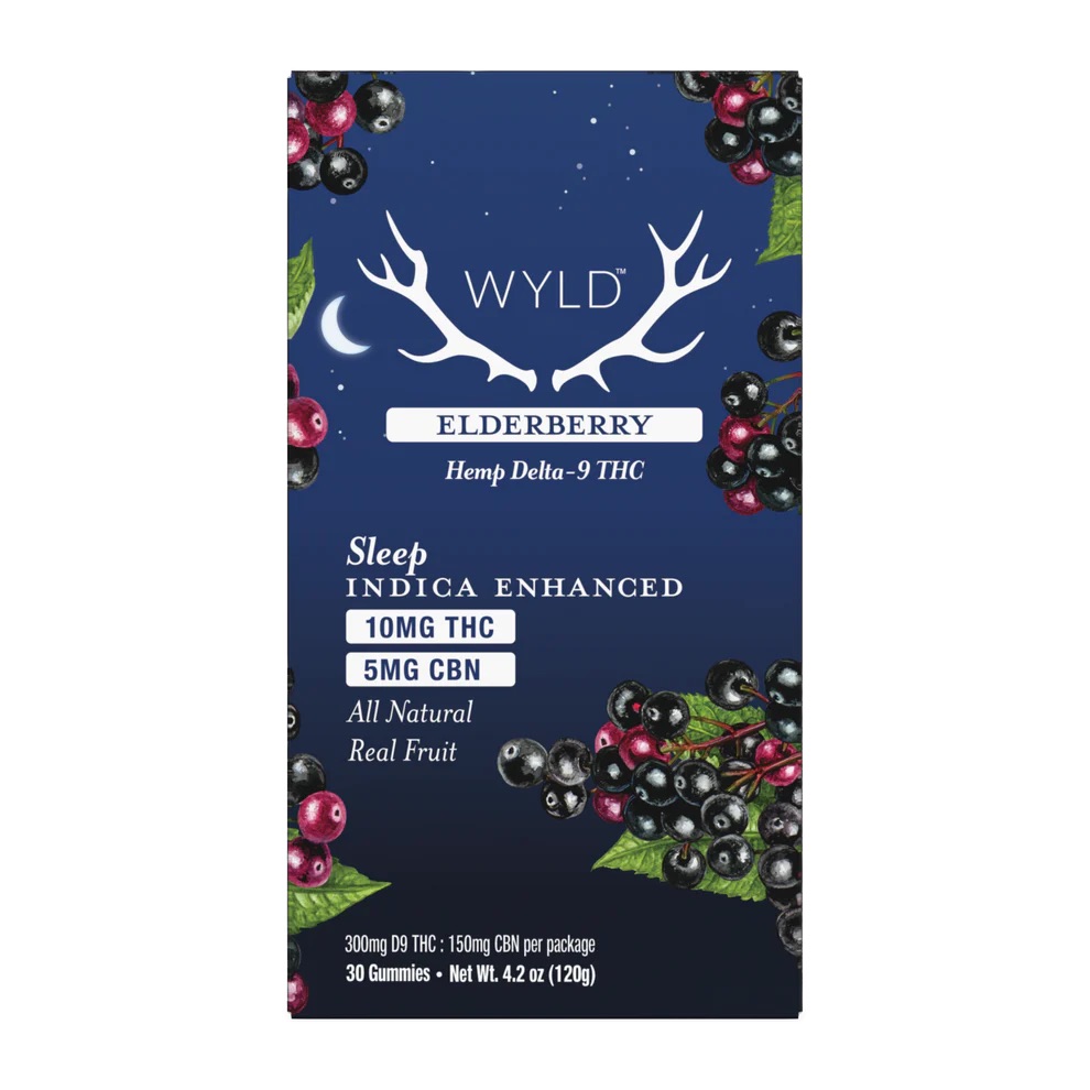 WYLD Sleep Elderberry Delta-9 THC & CBN Gummies in a 10-count box, featuring real elderberry illustrations and labeled as Indica-enhanced with 10mg THC and 5mg CBN per gummy.