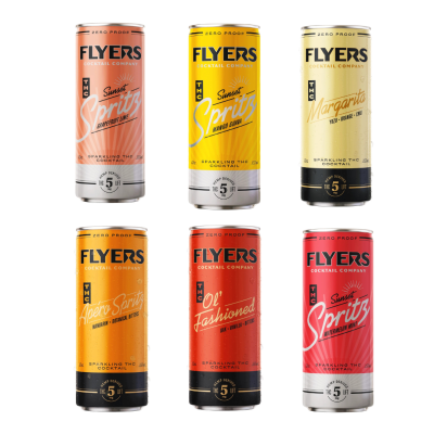 Flyers THC-infused sparkling cocktail variety pack featuring six non-alcoholic flavors, each infused with 5mg hemp-derived THC for a smooth, uplifting experience.