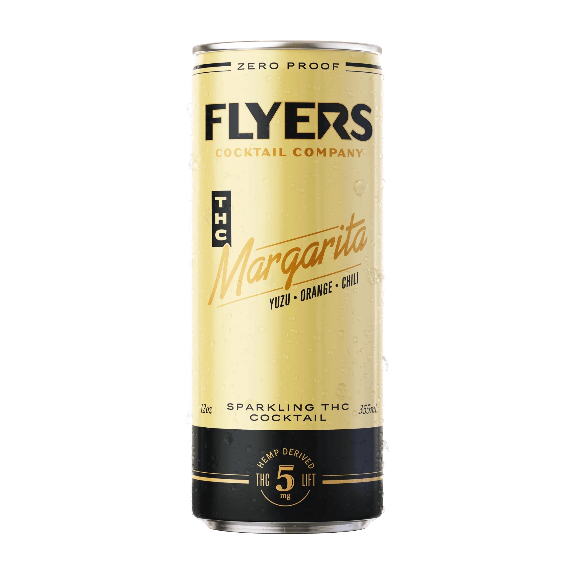 Flyers THC Margarita, a zero-proof sparkling cannabis cocktail infused with 5mg hemp-derived THC, featuring bold flavors of yuzu, orange, and chili.
