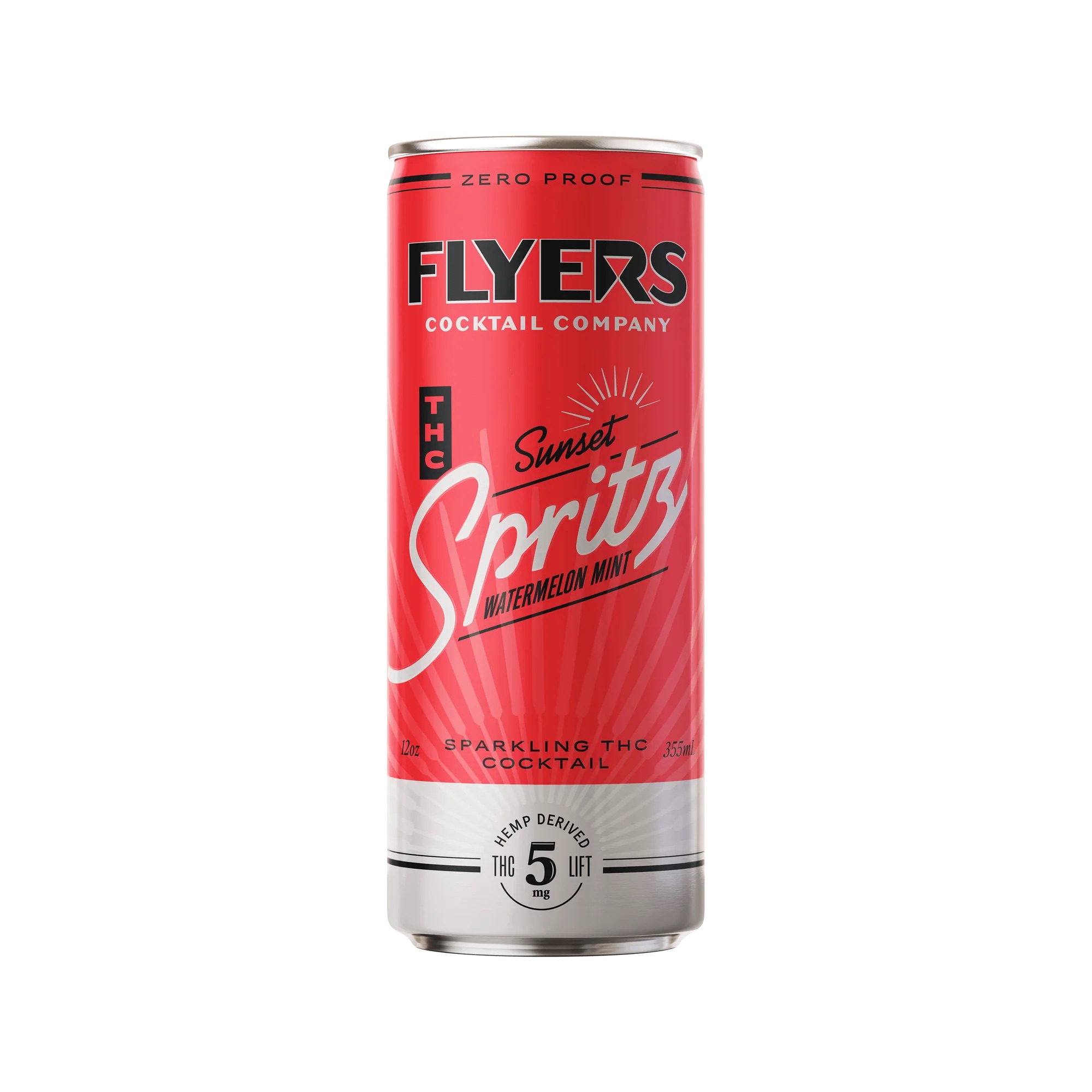Flyers THC Sunset Spritz, a refreshing zero-proof cannabis cocktail with 5mg hemp-derived THC, featuring crisp watermelon and mint flavors for a smooth, uplifting experience.