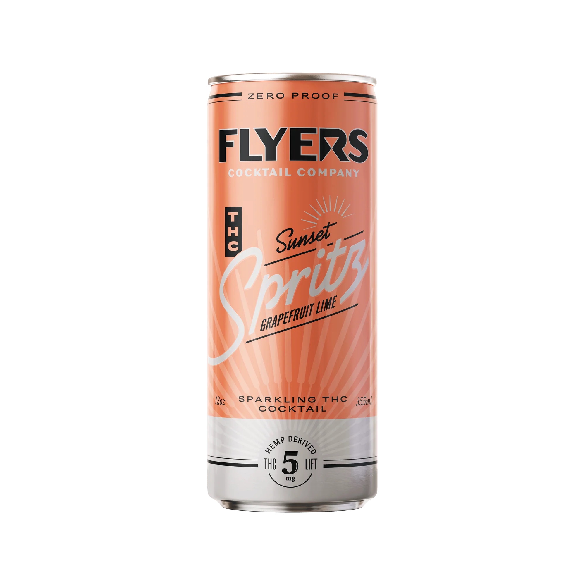 Flyers Sunset Spritz, a zero-proof sparkling THC cocktail infused with 5mg hemp-derived THC, featuring refreshing grapefruit and lime flavors.