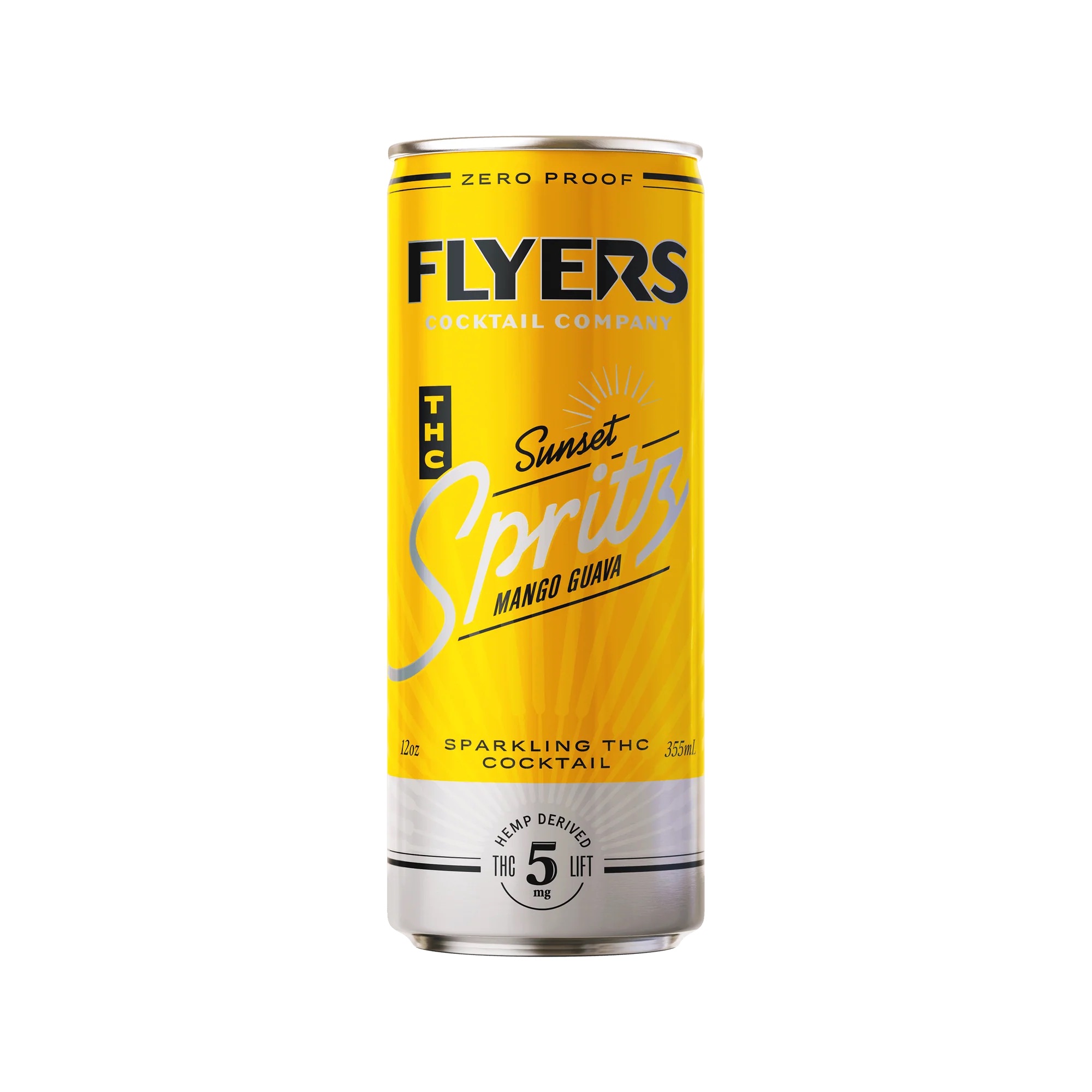 Flyers Sunset Spritz, a zero-proof sparkling THC cocktail infused with 5mg hemp-derived THC, featuring tropical mango and guava flavors.