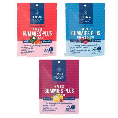 True Bloom Wellness THC-infused gummies variety pack featuring Watermelon (THC + CBG), Blue Raspberry (THC + CBD + CBN), and Pink Lemonade (THC + CBD). Fast-acting, vegan, and enriched with vitamins.