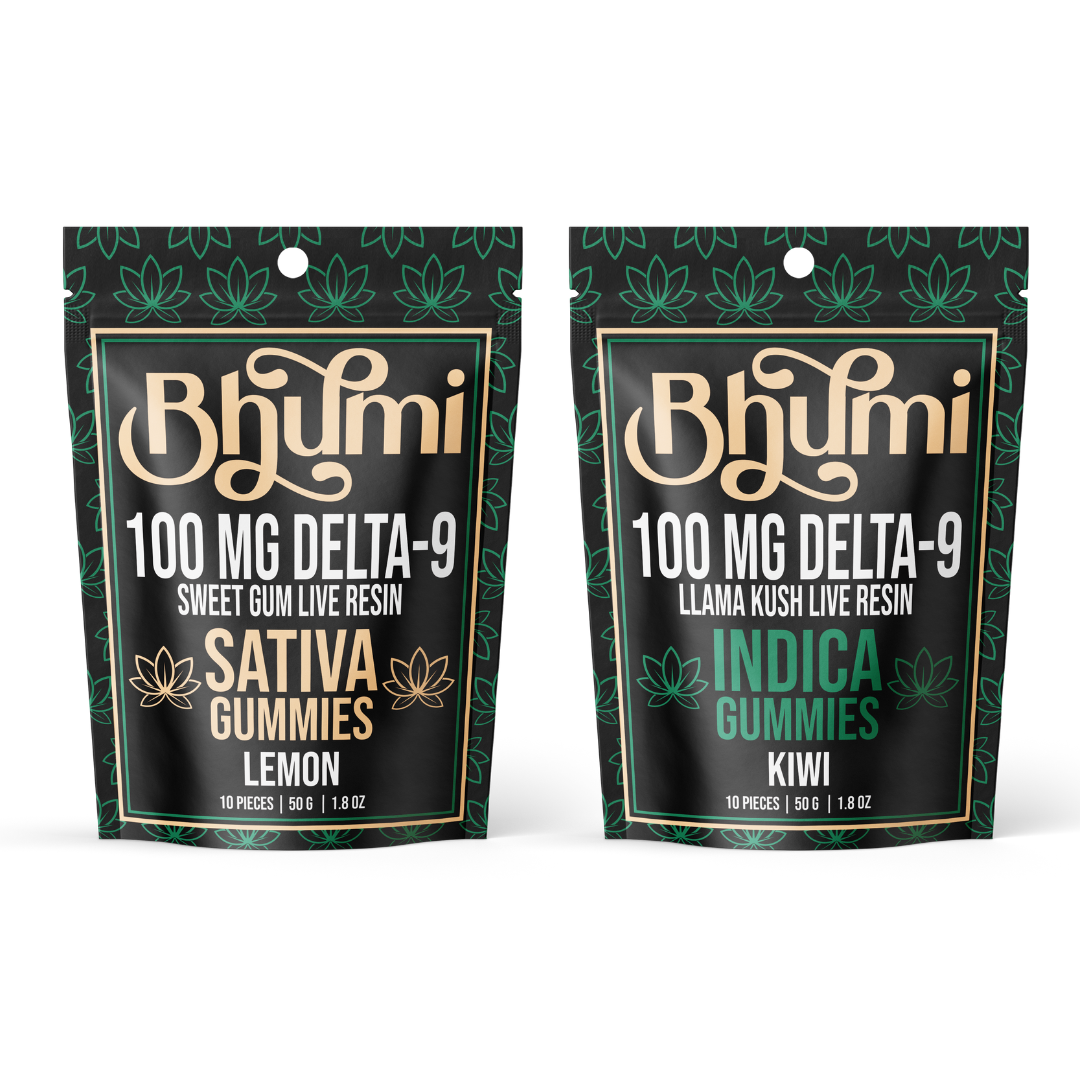 Bhลซmi Delta-9 THC live resin gummies in Sativa Lemon and Indica Kiwi varieties, each pouch containing 10 pieces, 100mg Delta-9, hemp-derived with strain-specific live resin.