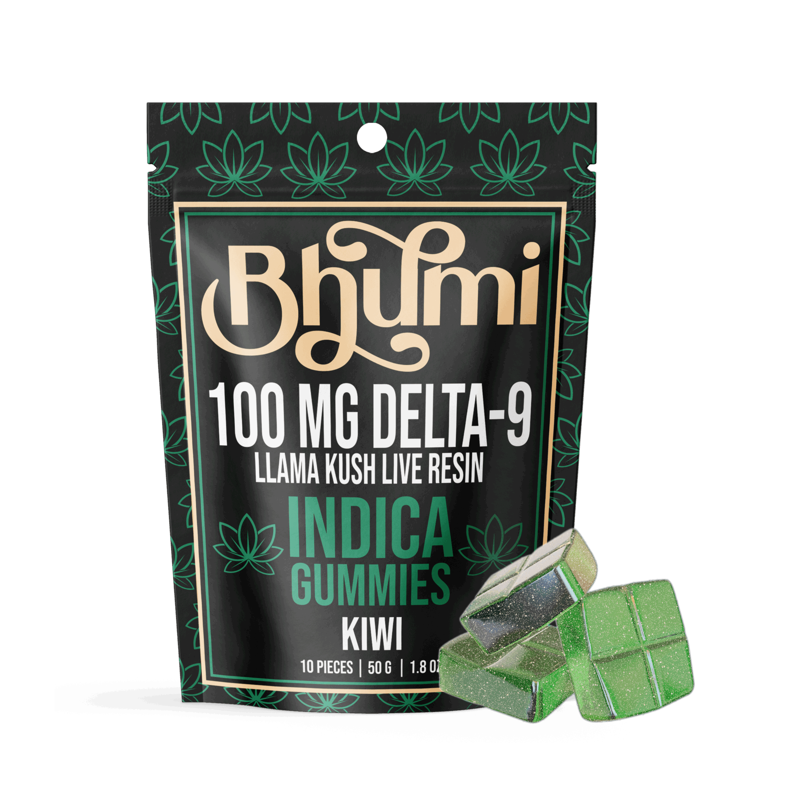 Bhลซmi Delta-9 Indica Gummies with Llama Kush live resin in Kiwi flavor, 10-piece pouch containing 100mg hemp-derived THC