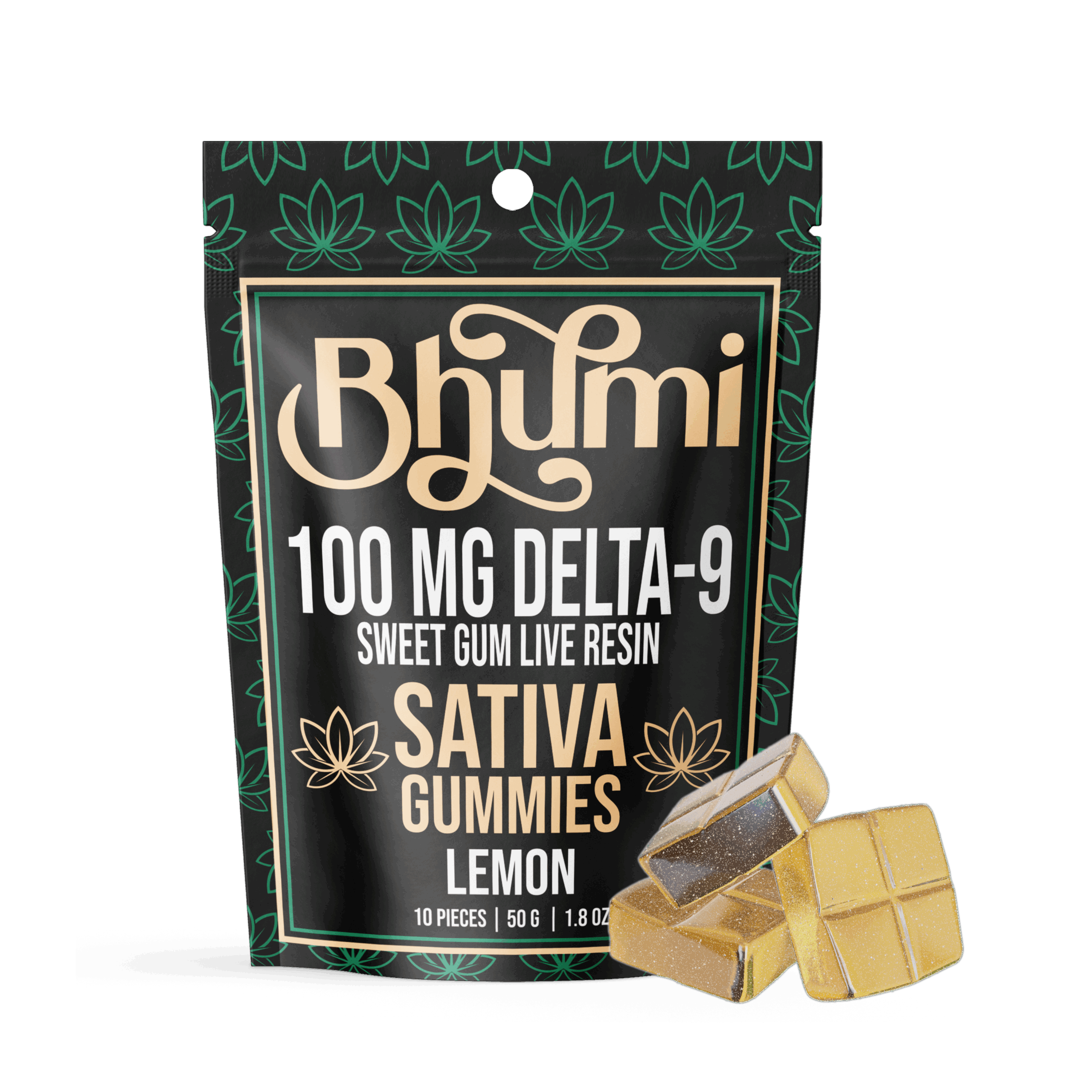 Bhลซmi Delta-9 Sativa Gummies in Lemon flavor, 100mg hemp-derived THC live resin edibles, 10-piece 50g pouch.