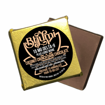 Bhūmi Delta-9 Coconut Crunch Dark Chocolate square infused with 15mg Delta-9 THC and Lions Mane mushroom