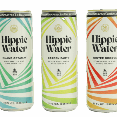 Hippie Water cannabis-infused beverage trio – Island Getaway, Garden Party, and Winter Groove 5mg THC sparkling drinks