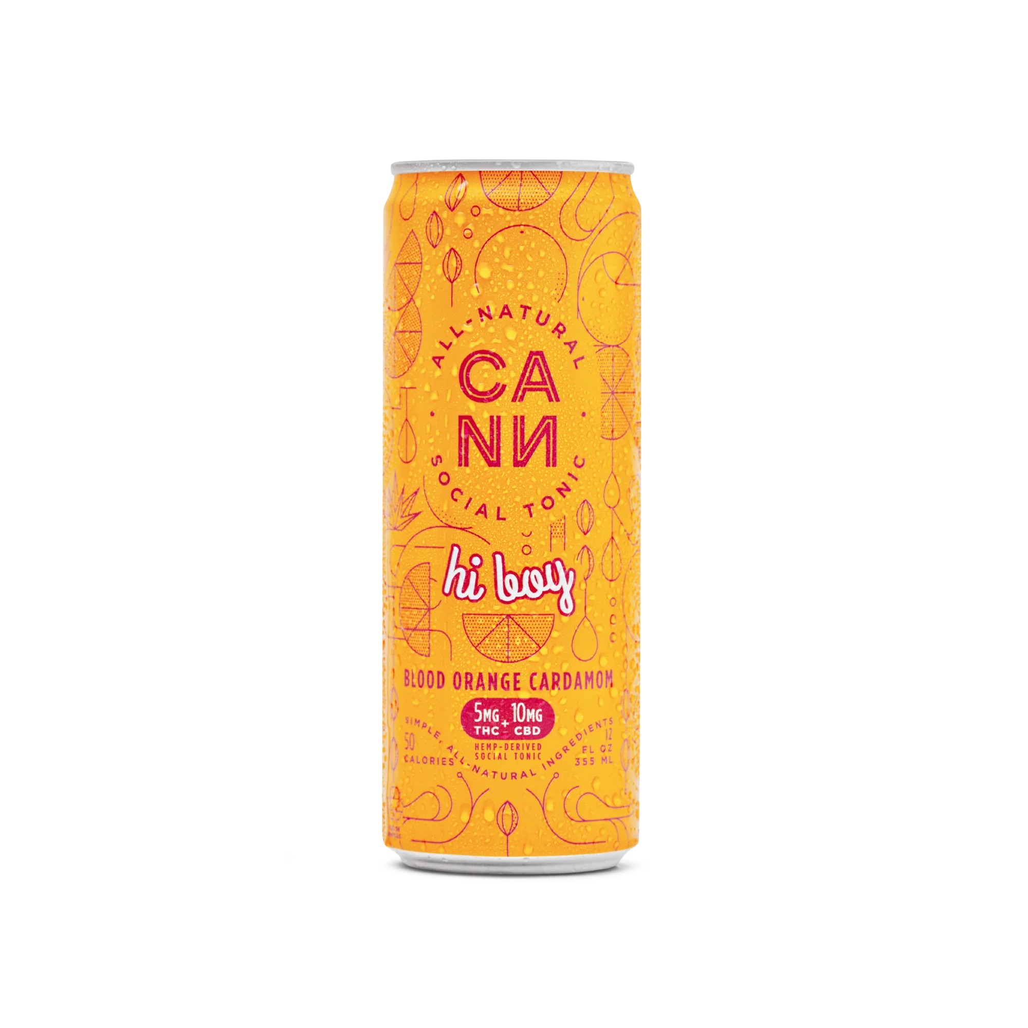 CANN Hi Boy Blood Orange Cardamom Social Tonic โ 5mg THC and 10mg CBD infused sparkling beverage in 12oz can