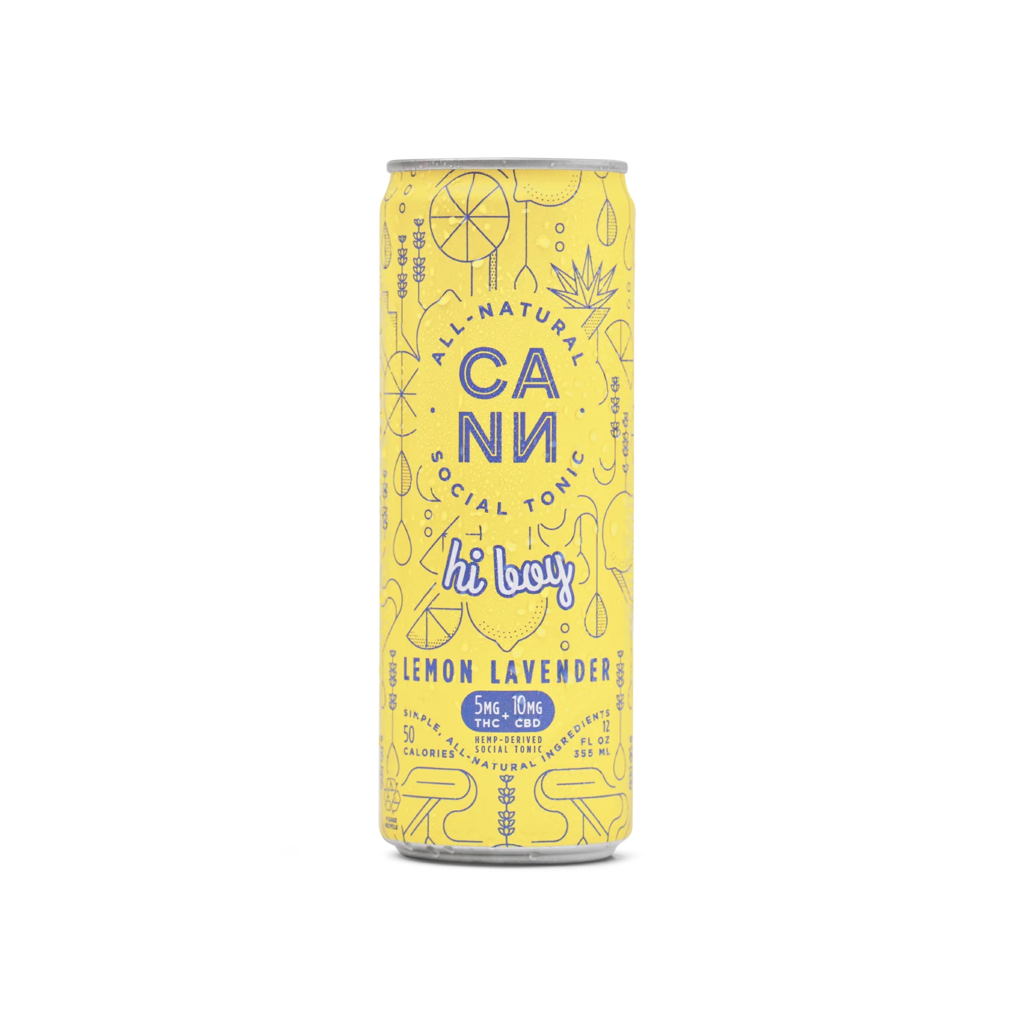 CANN Hi Boy Lemon Lavender sparkling social tonic with 5mg THC and 10mg CBD โ uplifting hemp-infused beverage in yellow can