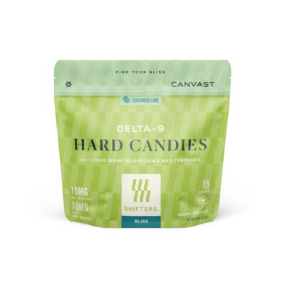 Canvast Delta-9 Hard Candies in Cucumber Lime flavor with 10mg Delta-9 THC and 10mg CBD per piece – 15 count package