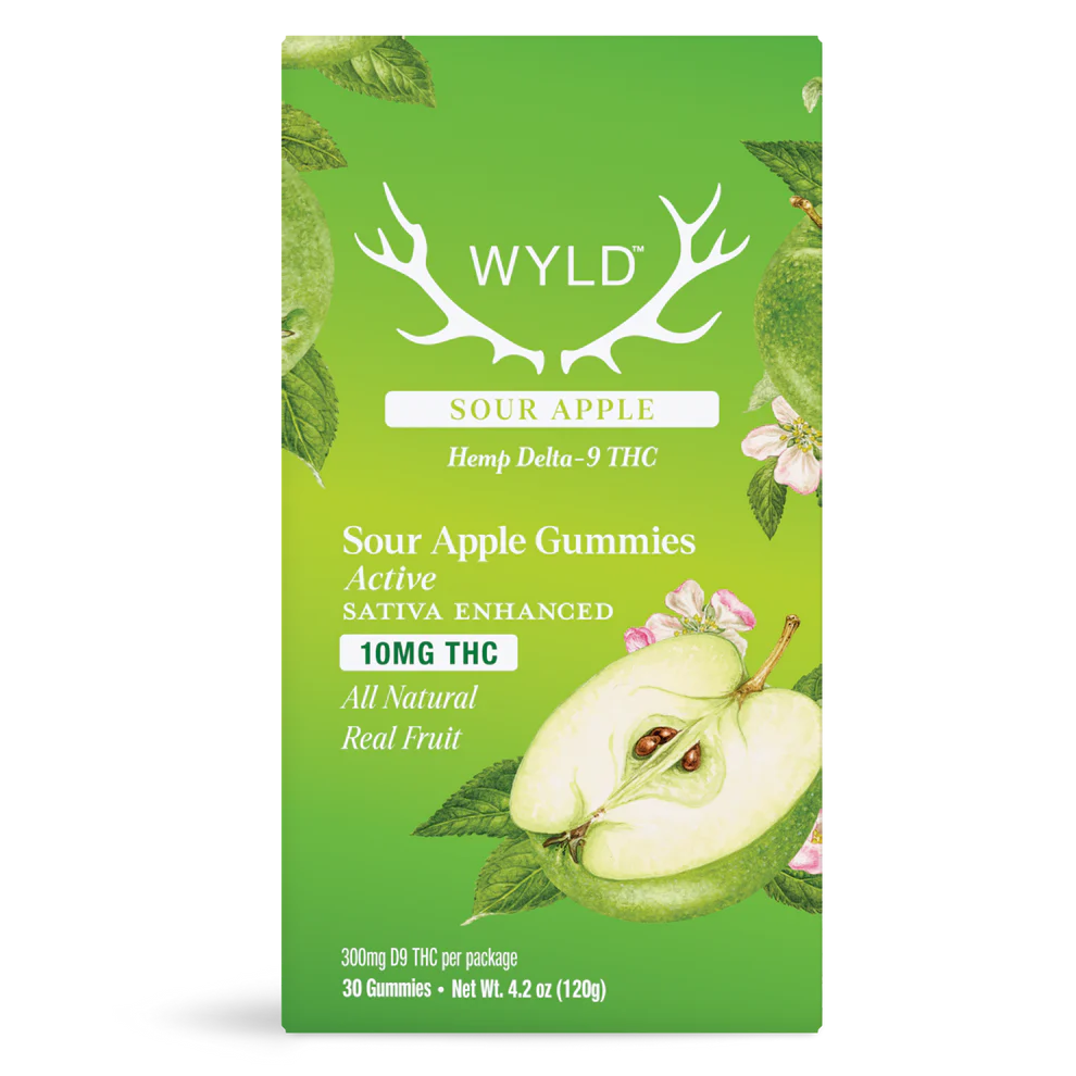 Wyld Sour Apple Delta-9 THC Gummies 30-count package, 10mg sativa-enhanced active formula with real fruit imagery.