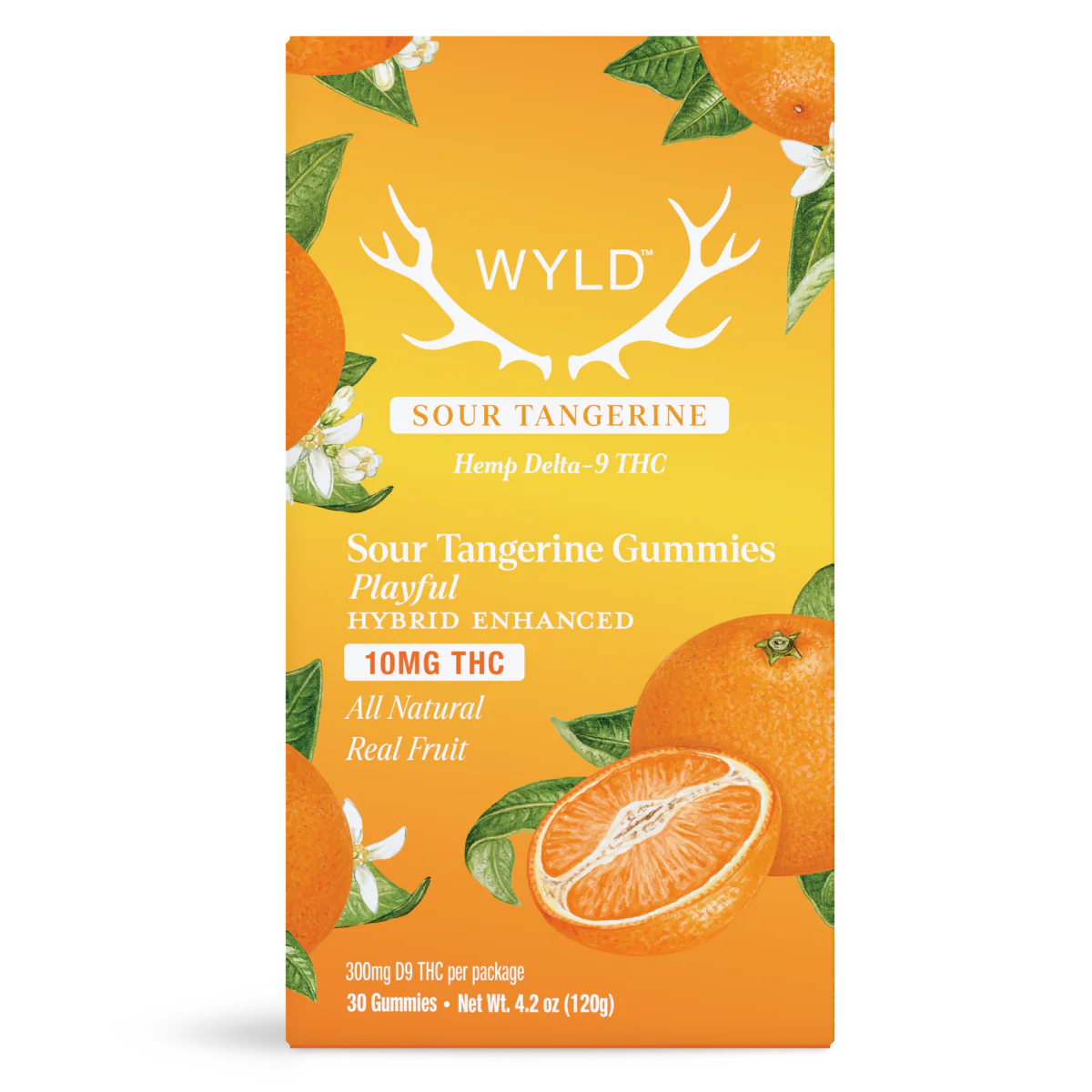 Wyld Sour Tangerine Delta-9 THC Gummies 30-count package, 10mg hybrid-enhanced formula with real fruit imagery.