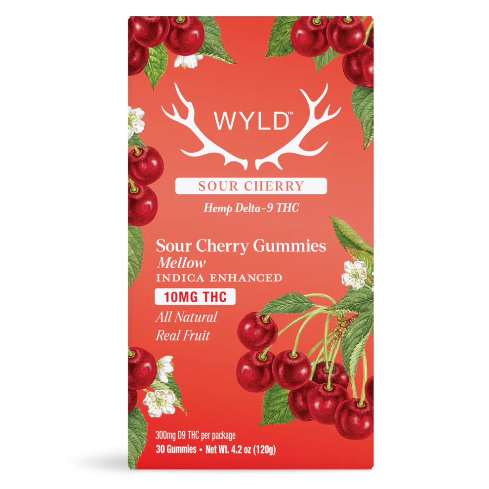 Wyld Sour Cherry Delta-9 THC Gummies 30-count package, 10mg indica-enhanced mellow formula with real cherry imagery.