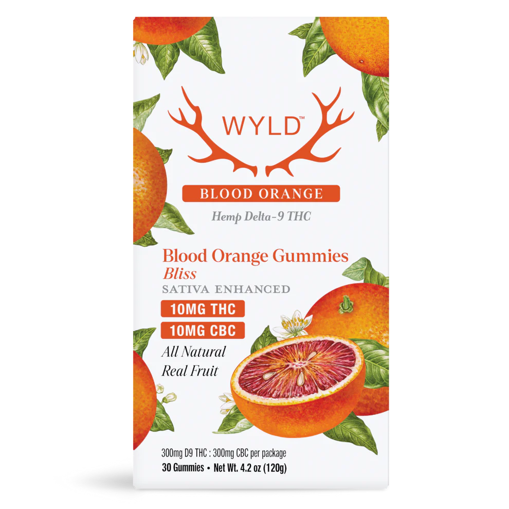 Wyld Blood Orange Delta-9 THC and CBC Gummies 30-count package, 10mg sativa-enhanced real fruit formula.