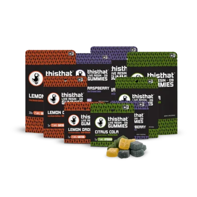 ThisThat Live Resin Delta-9 Gummies collection featuring Lemon Drop, Citrus Cola, and Black Raspberry flavors in multiple strengths.