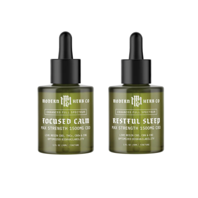 Modern Herb Co Enhanced Full Spectrum CBD tinctures featuring Focused Calm and Restful Sleep formulas with 1500mg CBD, live resin cannabinoids, and optimized bioavailability.