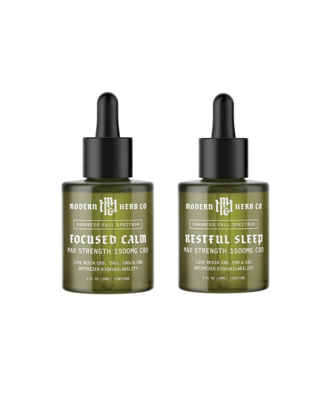 Modern Herb Co Enhanced Full Spectrum CBD tinctures featuring Focused Calm and Restful Sleep formulas with 1500mg CBD, live resin cannabinoids, and optimized bioavailability.