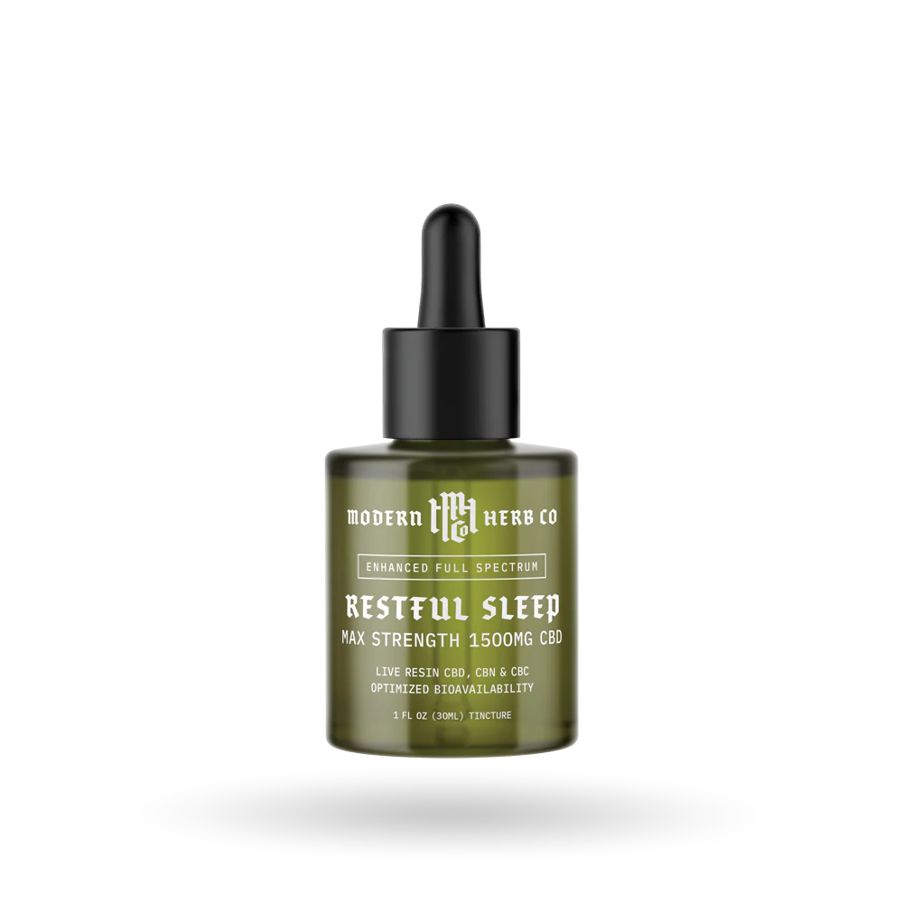 Modern Herb Co Restful Sleep Enhanced Full Spectrum CBD tincture with 1500mg CBD, live resin CBD, CBN, and CBC for optimized bioavailability and evening wellness support.